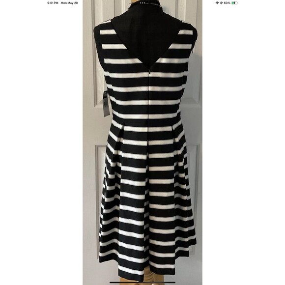 Lauren Ralph Lauren Black/Ivory Stripe Sateen V-Neck Fit & Flare Dress Sz 8 NEW - Picture 4 of 10